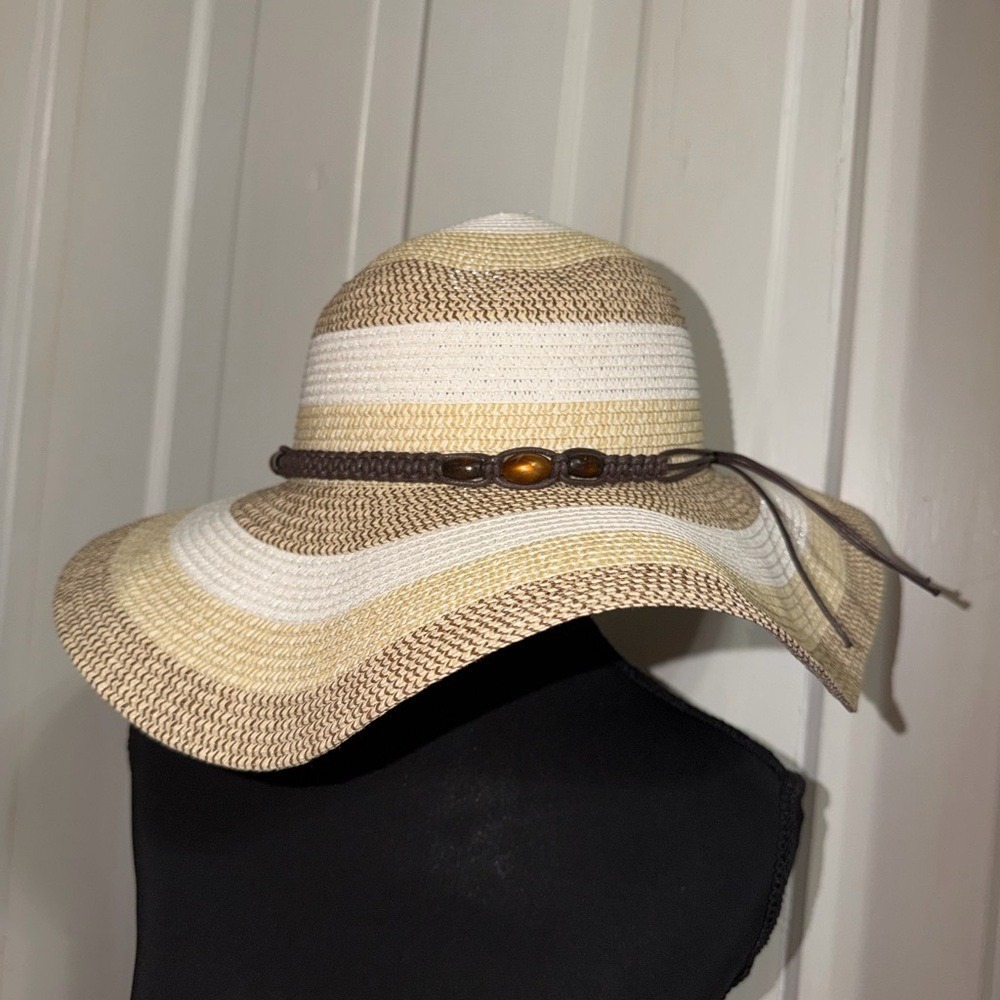 Magid Tan and White Striped Sun Hat, summer, beach, beach hat, gardening hat - Picture 1 of 7